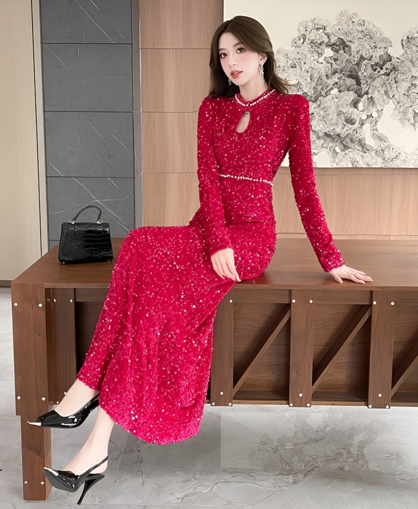 Long-sleeve Sequined Elegant Evening Dress