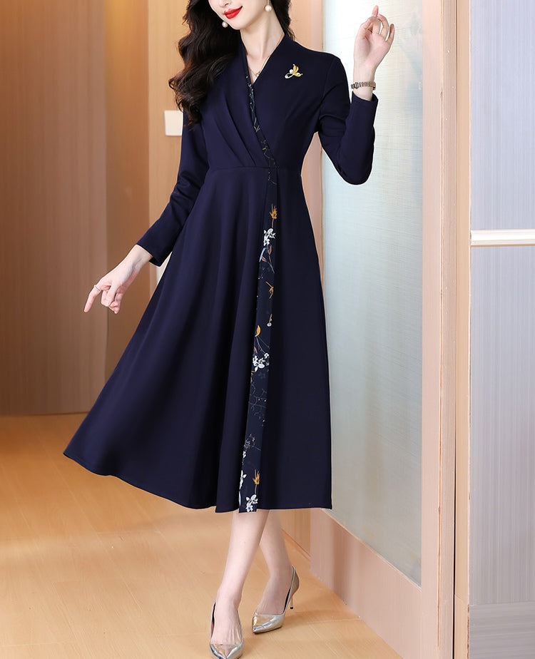Long Sleeve A-Line Navy Wrap Dress with Side Floral Print Accent
