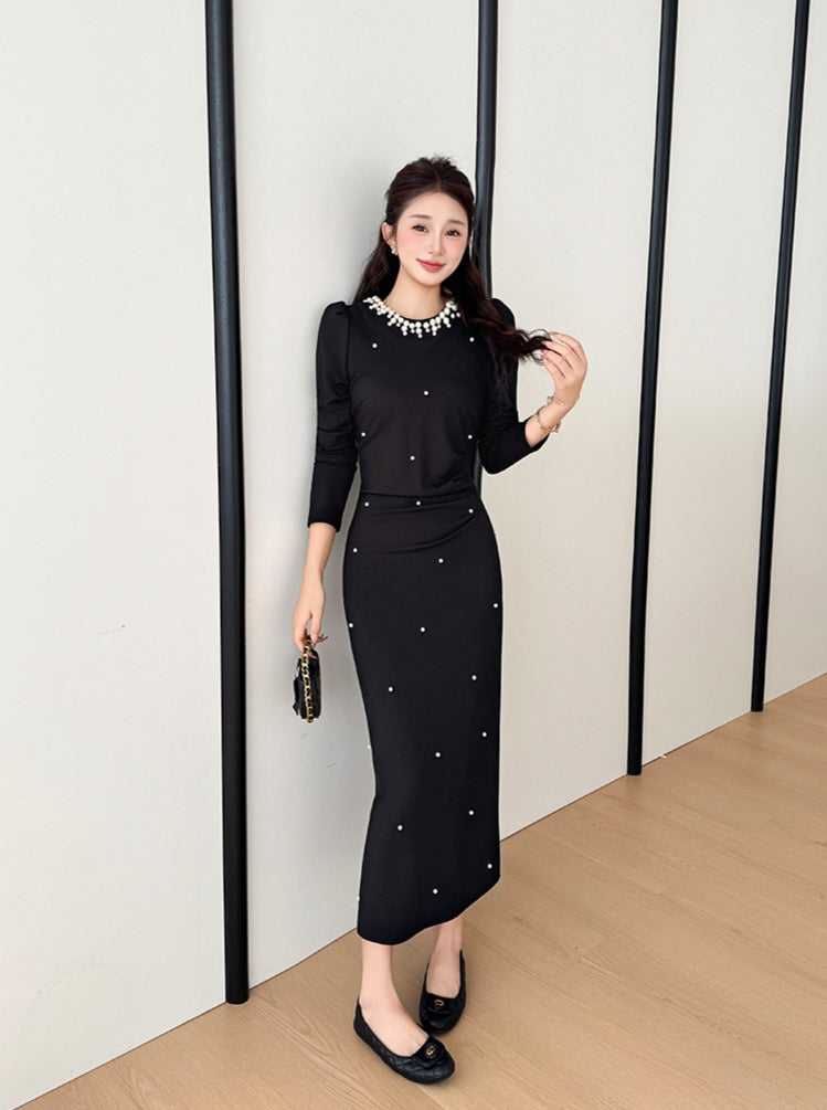 Long Sleeve Black Midi Dress with Faux Pearl Embellishment