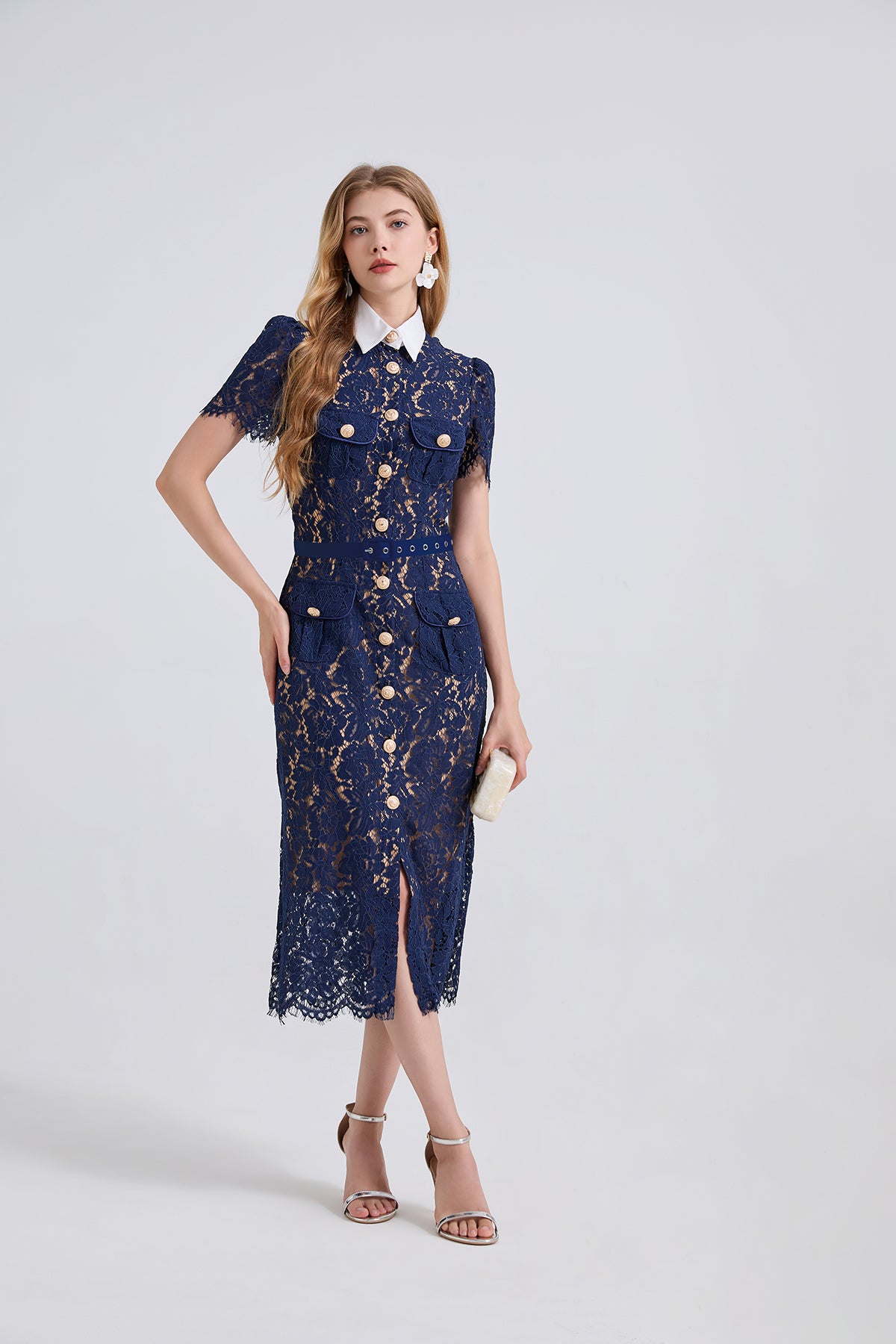 Navy Blue Lace Mid-length Dress