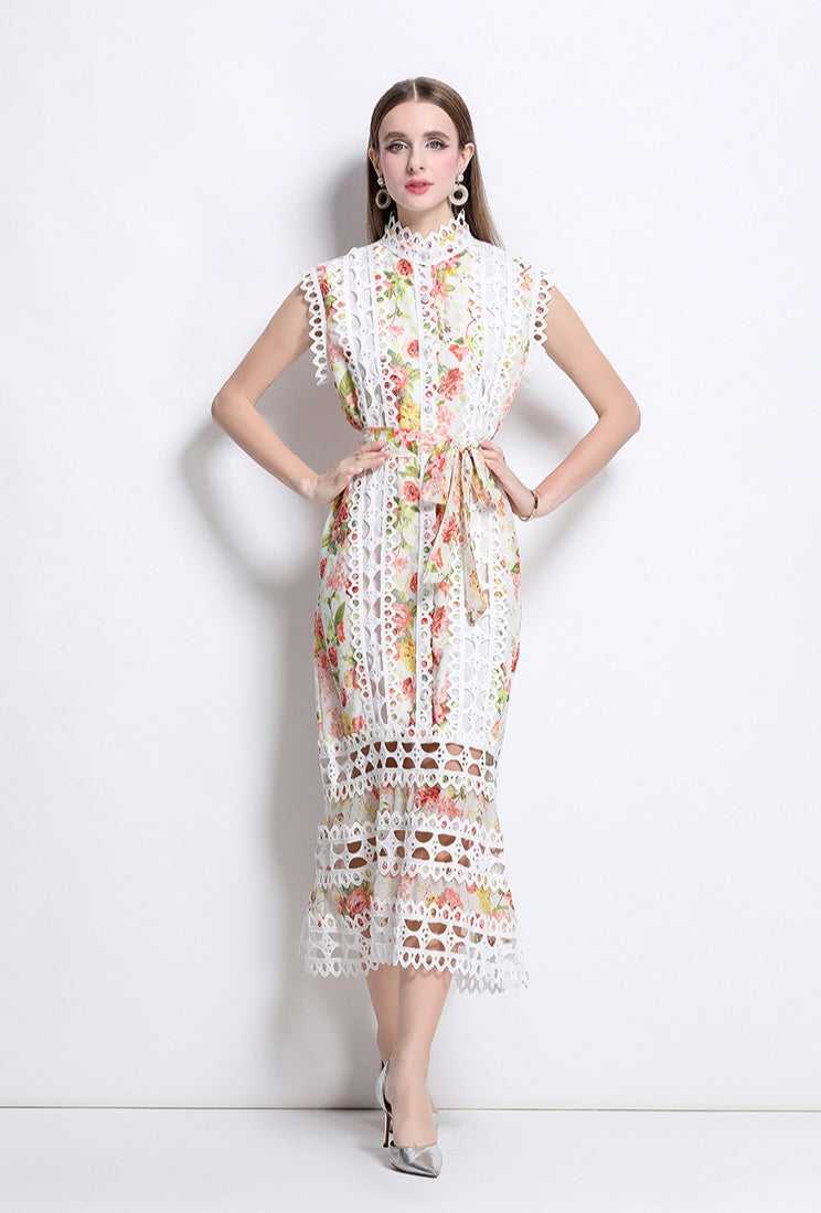 Orange Floral Hollow Lace Mid-length Dress