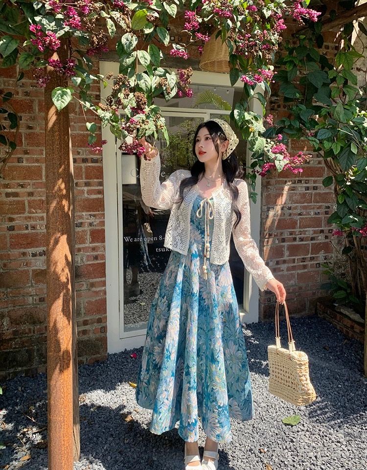 Pastel Floral Print Dress with White Crochet Shrug