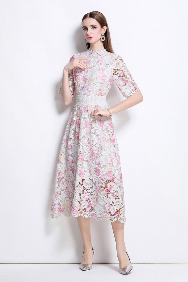 Pink Floral Lace Hollow A-line Dress
