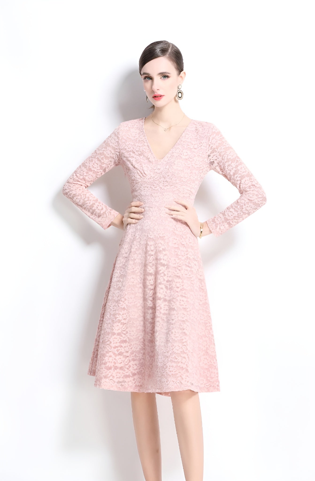 Pink Long Sleeve Lace Fashionable Dress