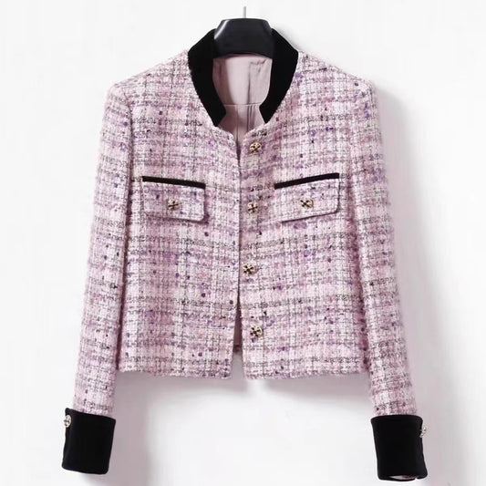 Pink Plaid Elegant Shorts Women's Jacket
