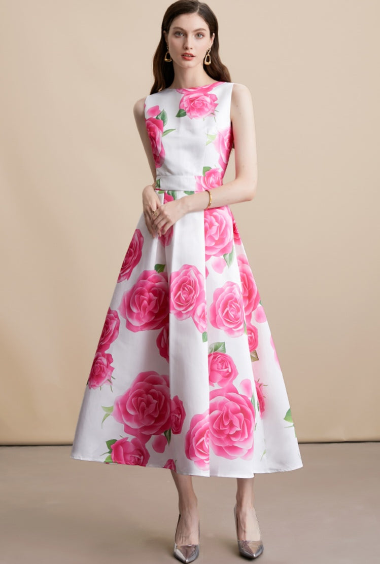 Pink Rose Floral Print Sleeveless A-Line Midi Dress