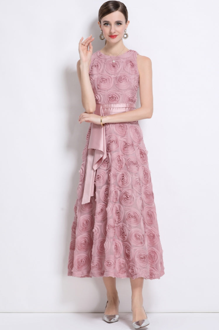Pink Round Neck Sleeveless Three-dimensional Flower Dress