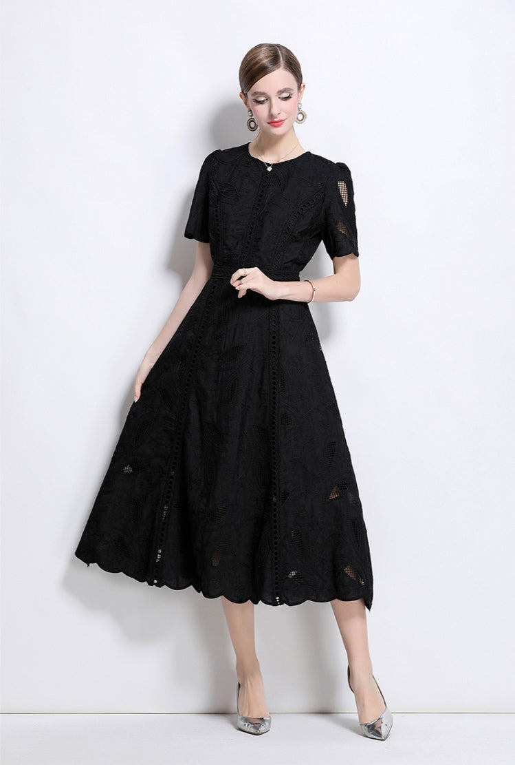 Puff Sleeve Black Hollow Embroidery Mid-length Dress