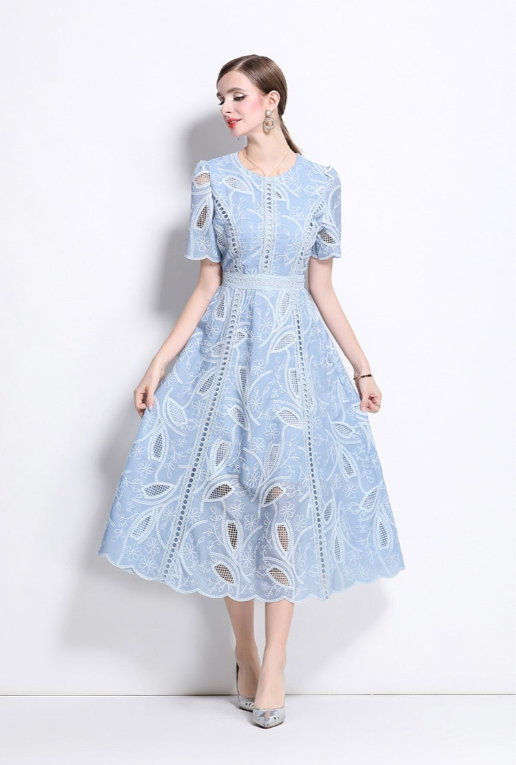 Puff Sleeve Blue Hollow Embroidery Mid-length Dress