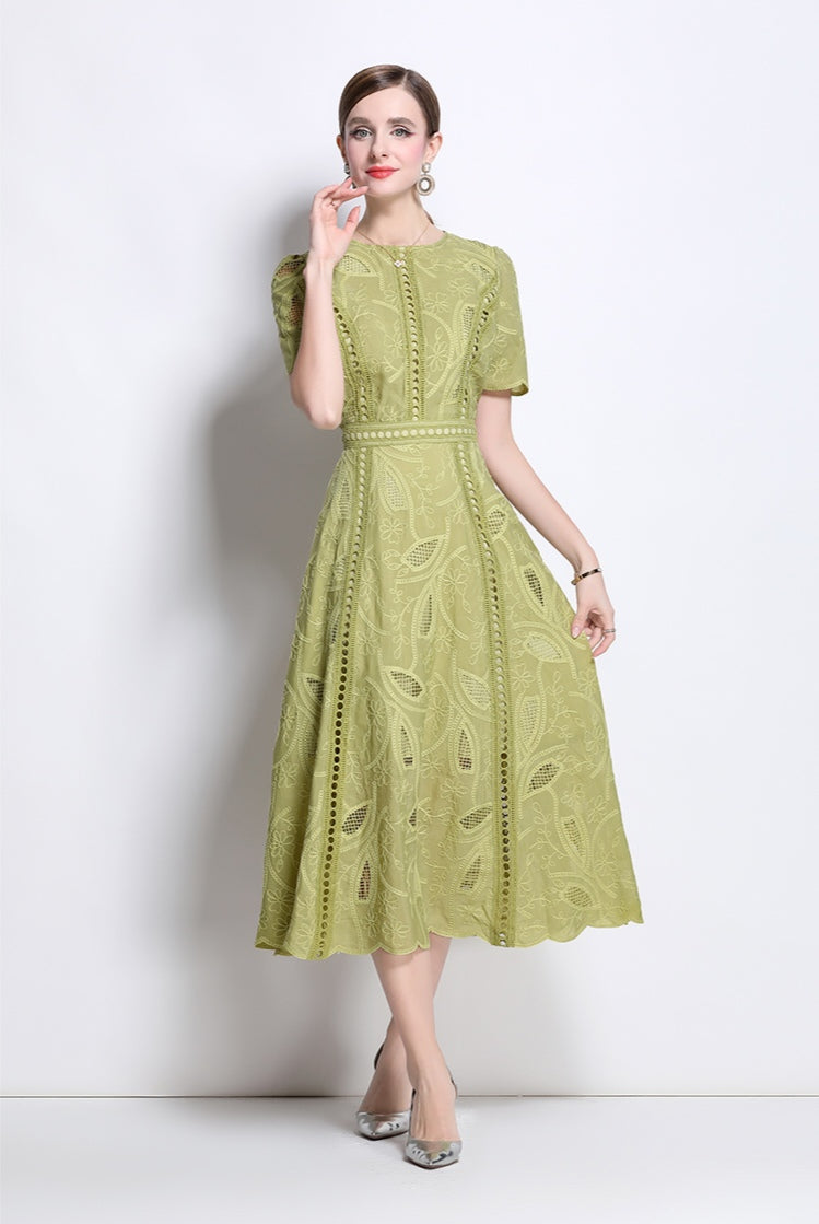 Puff Sleeve Green Hollow Embroidery Mid-length Dress