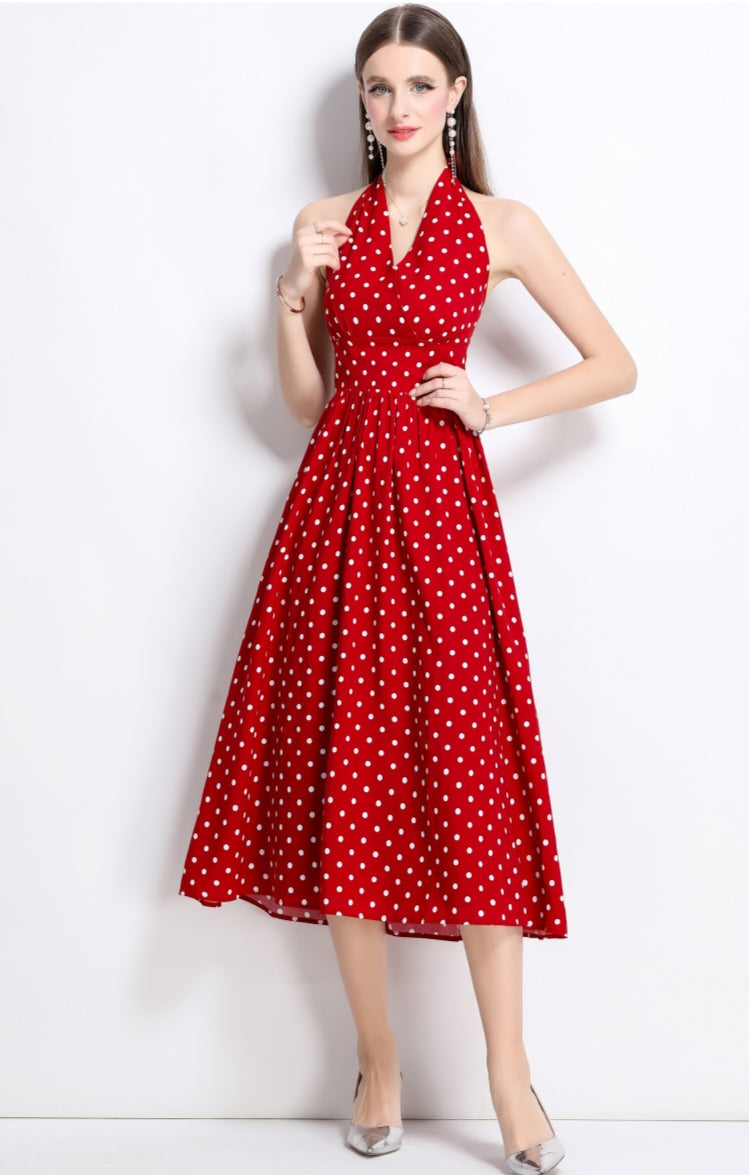 Red Halter Neck Polka Dot Dress