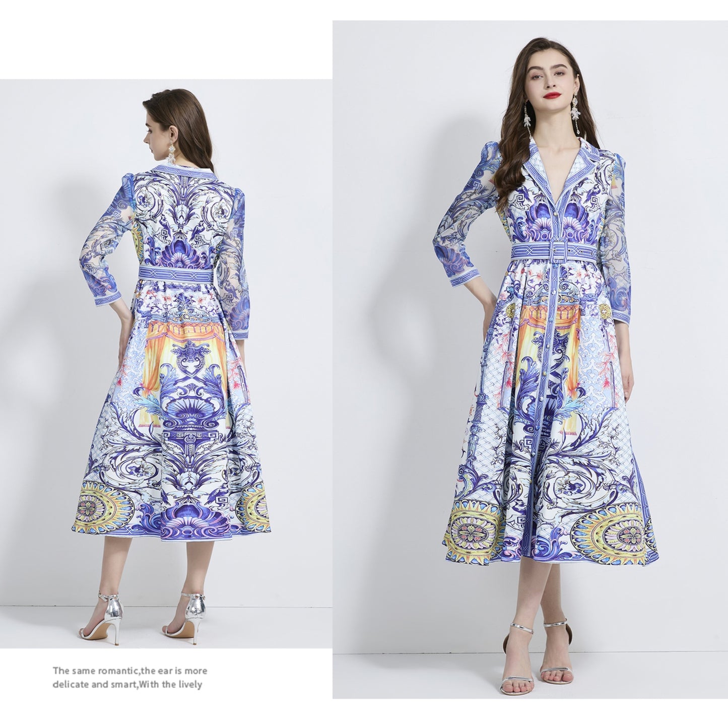 Retro Blue V-neck Suit Collar Dress