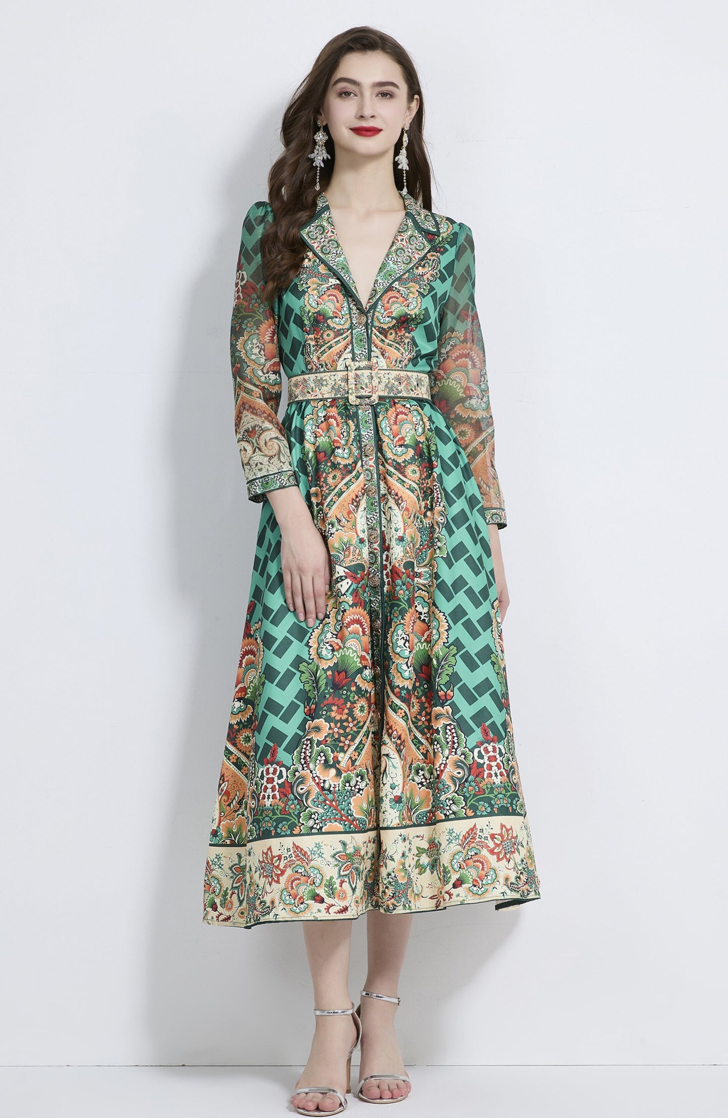 Retro Green V-neck Suit Collar Dress
