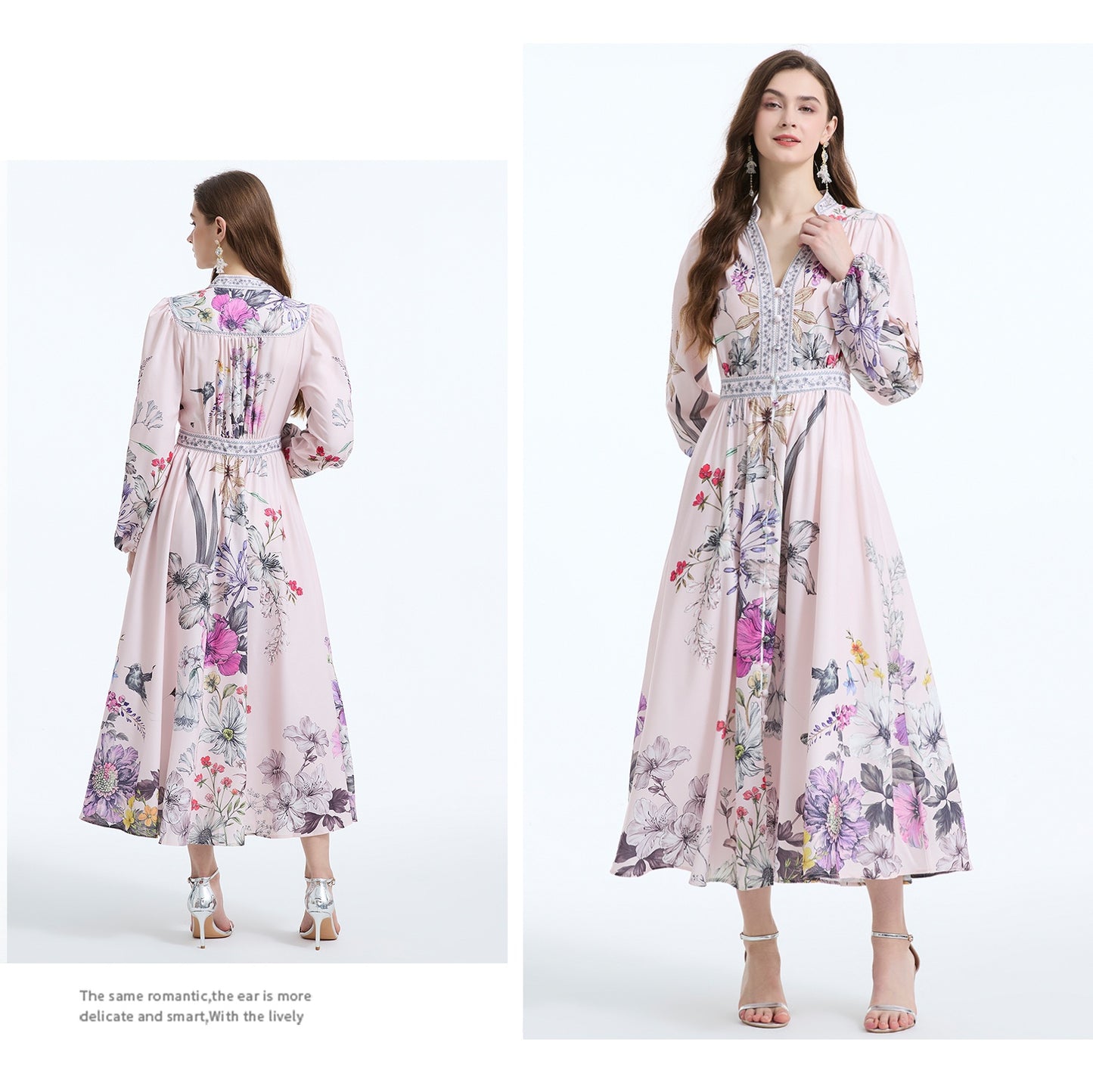 Retro Light Pink V-neck Suit Collar Dress
