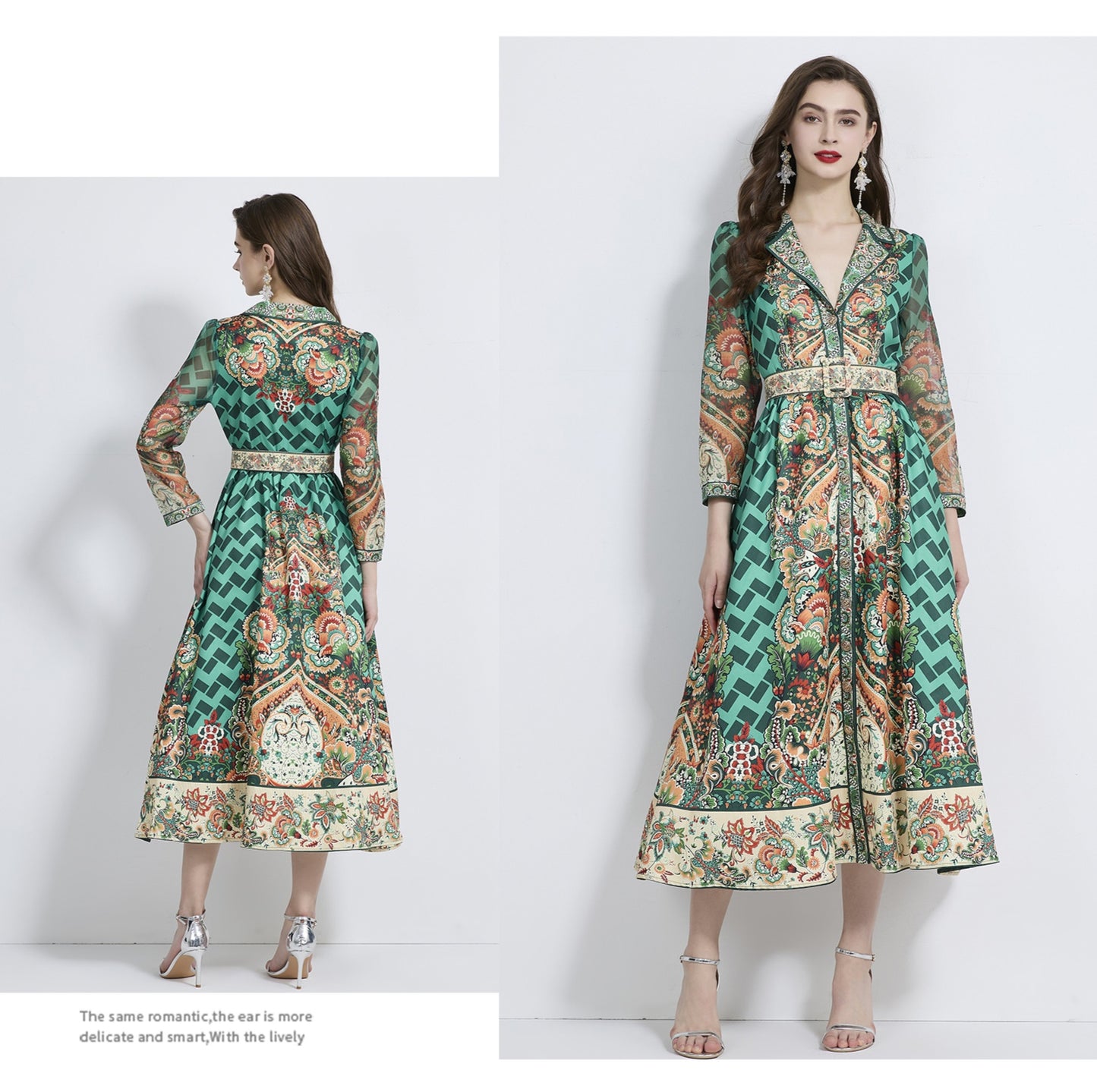 Retro Green V-neck Suit Collar Dress