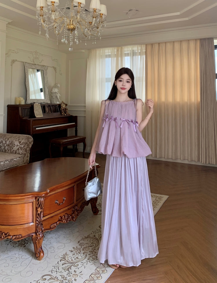 Romantic Lilac Ruffle Peplum Top with Full Pleated Skirt