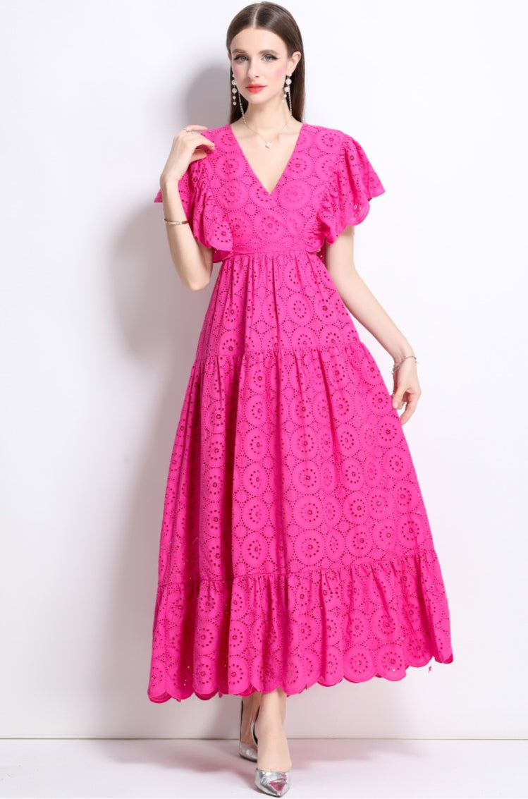 Rose Red Lace Hollow Lotus Leaf V-neck Dress