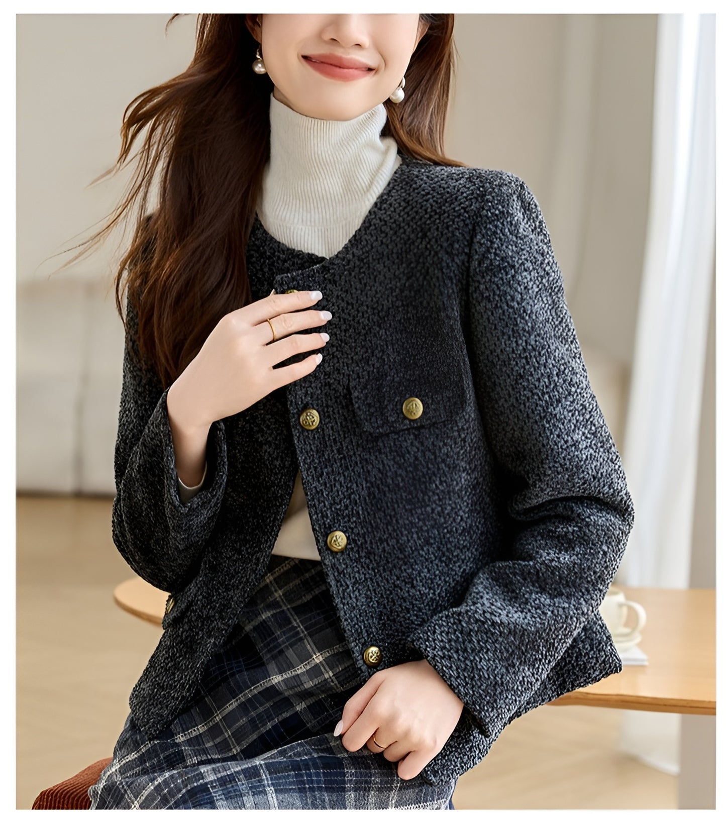 Round Neck Cotton Tweed Women's Jacket
