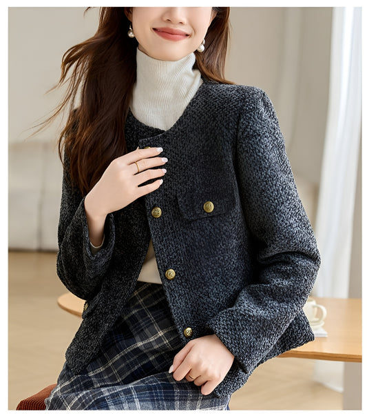 Round Neck Cotton Tweed Women's Jacket