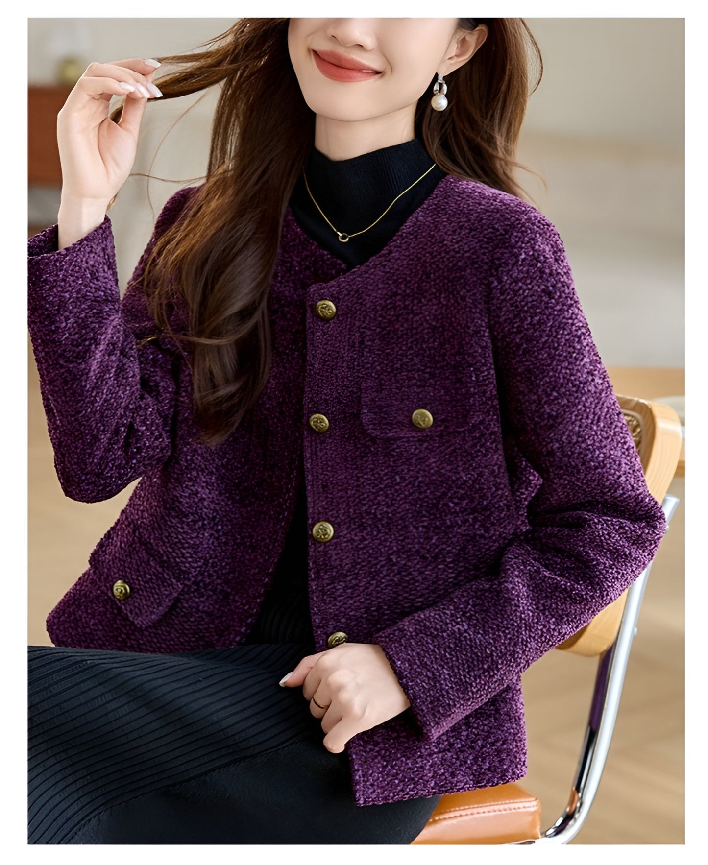 Round Neck Cotton Tweed Women's Jacket