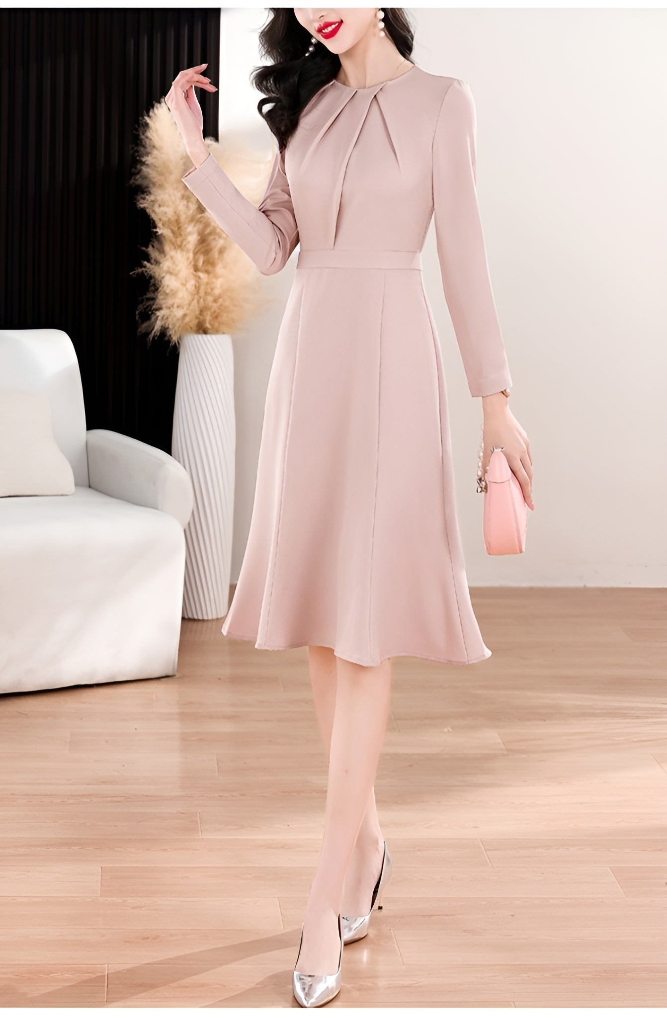 Round Neck Pleated Fishtail Office Wear Dress