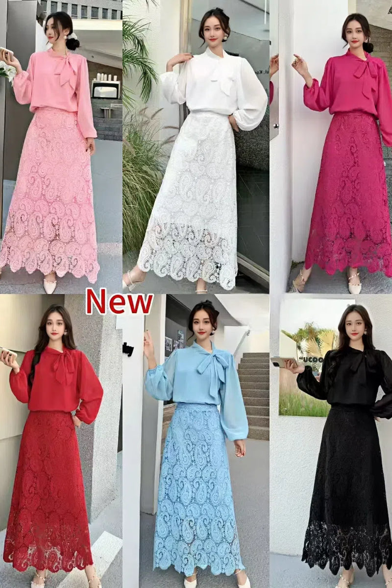 Round Neck Pullover Shirt + Lace Skirt Two Pieces Set
