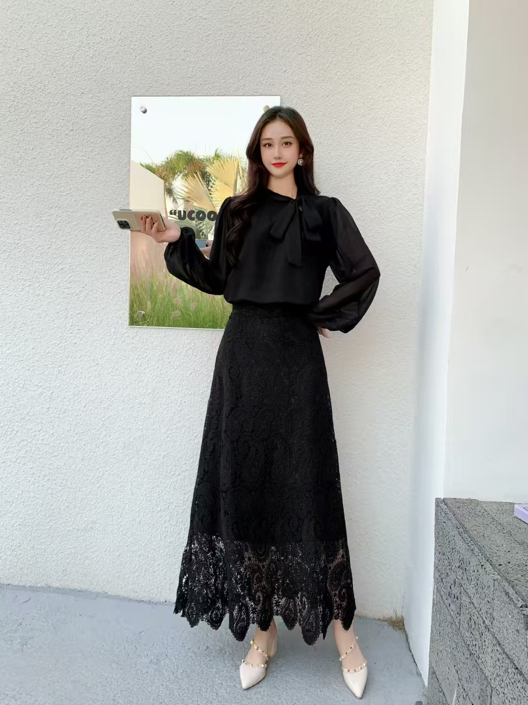 Round Neck Pullover Shirt + Lace Skirt Two Pieces Set