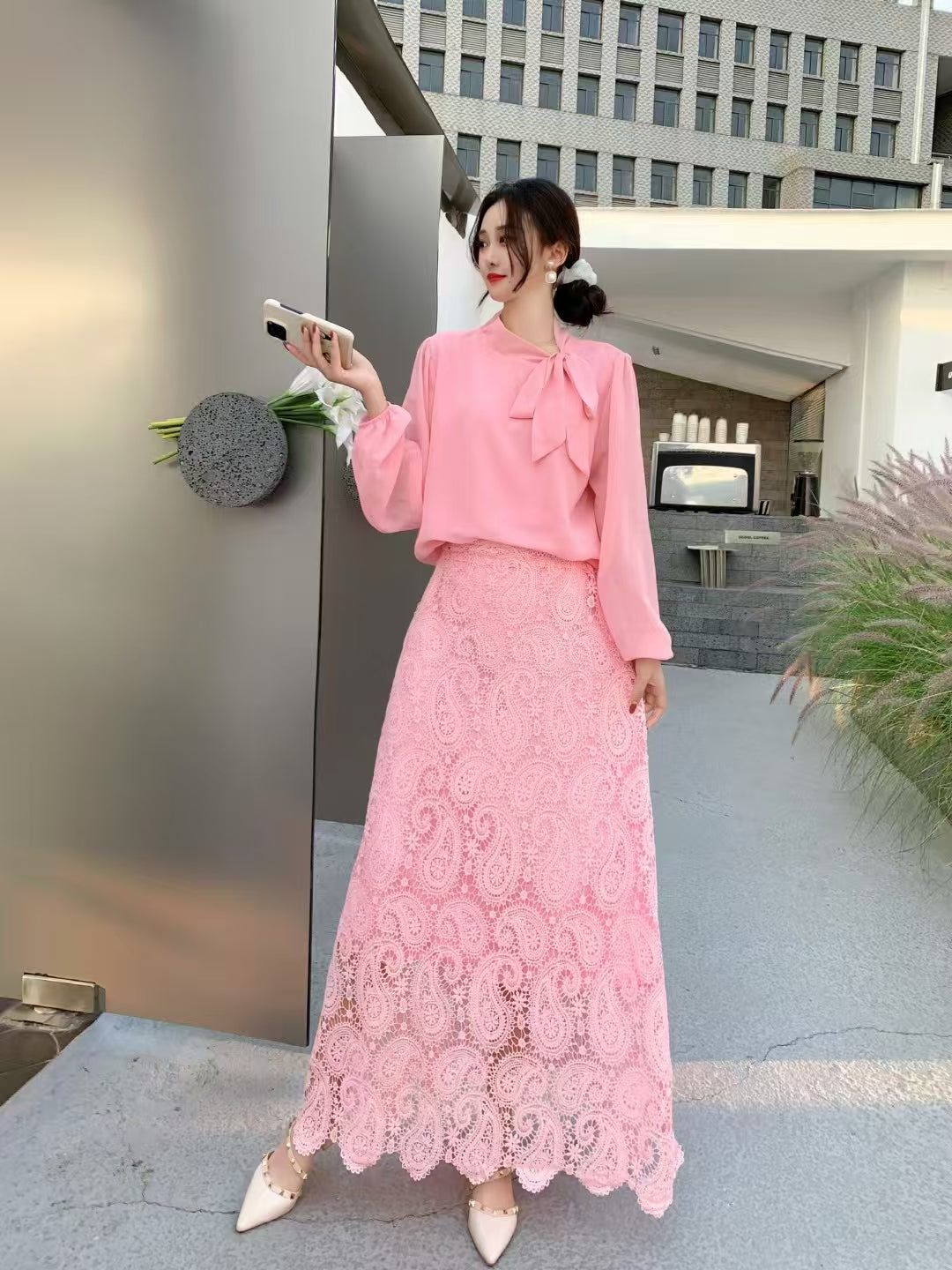 Round Neck Pullover Shirt + Lace Skirt Two Pieces Set