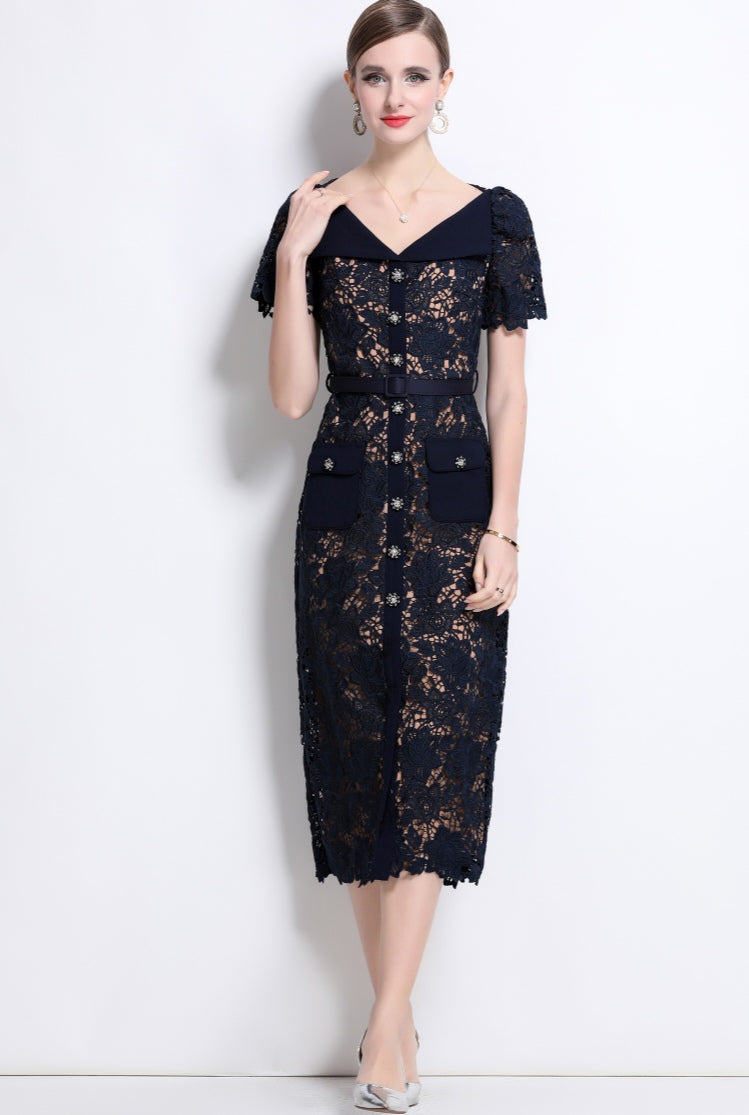 Royal Blue V-neck Fairy Lace Dress