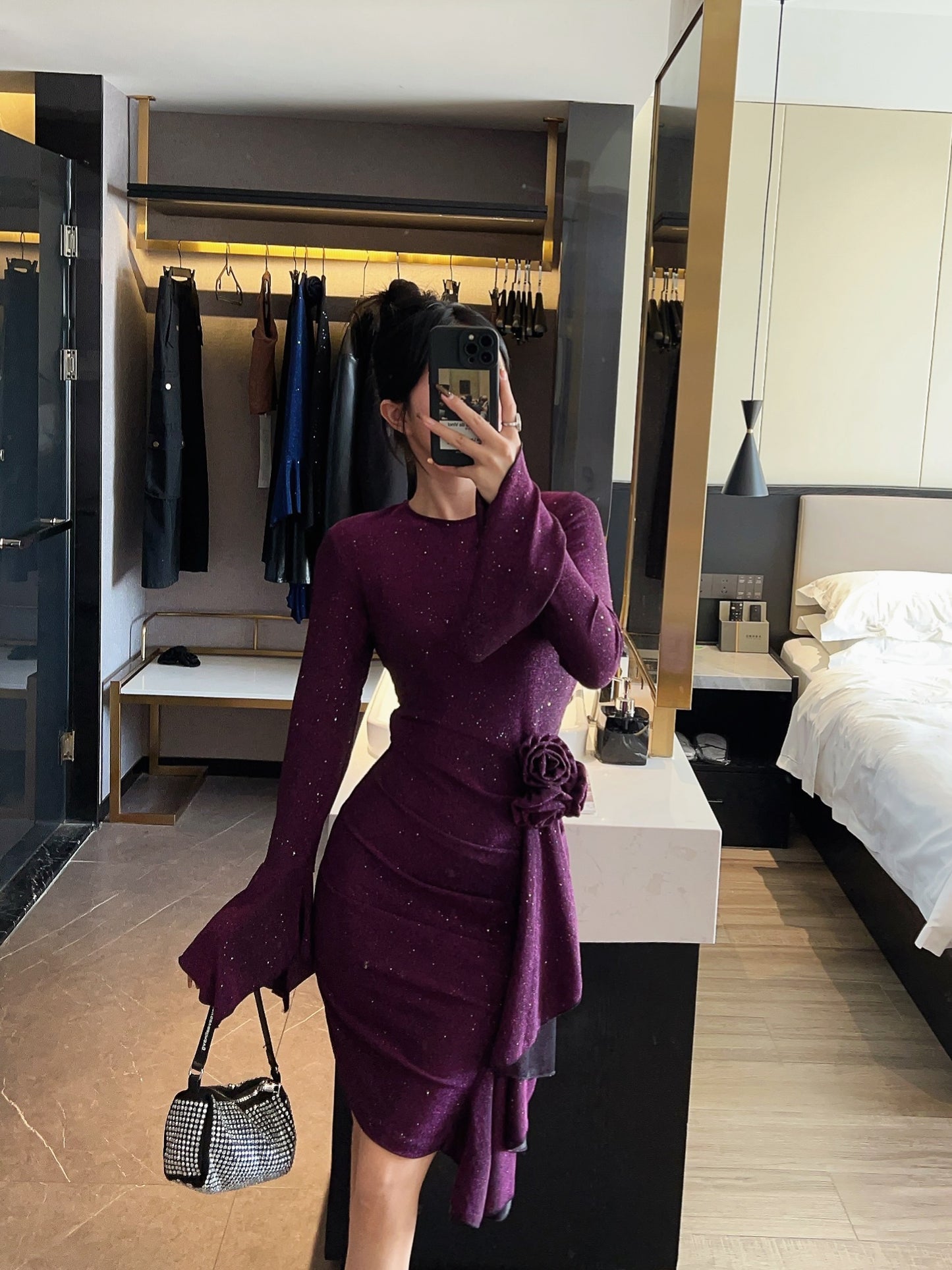 Shiny Pleated Long-sleeve Evening Dress