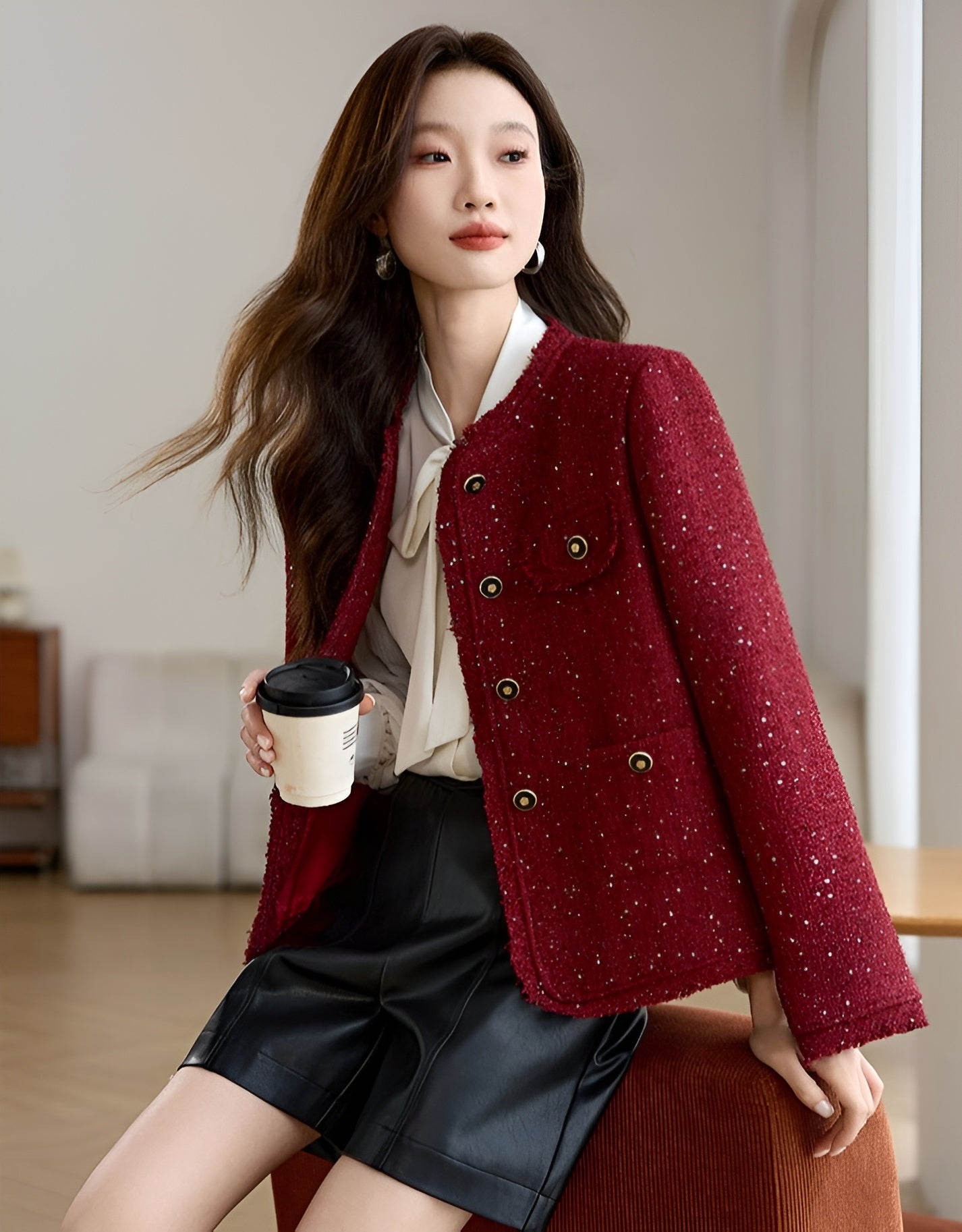 Shiny Red Cotton Tweed Women's Jacket