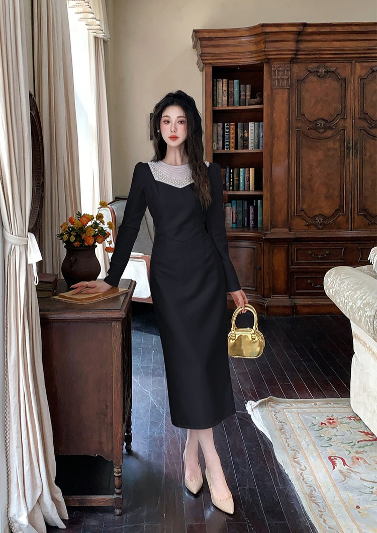Sophisticated Beaded Detail Long-Sleeve Dress