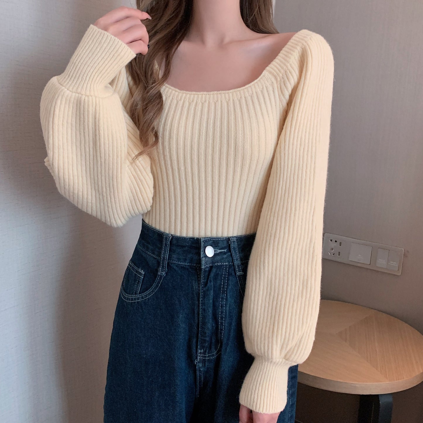 Square Collar Bubble Lantern Sleeve Knitted Women's Sweater