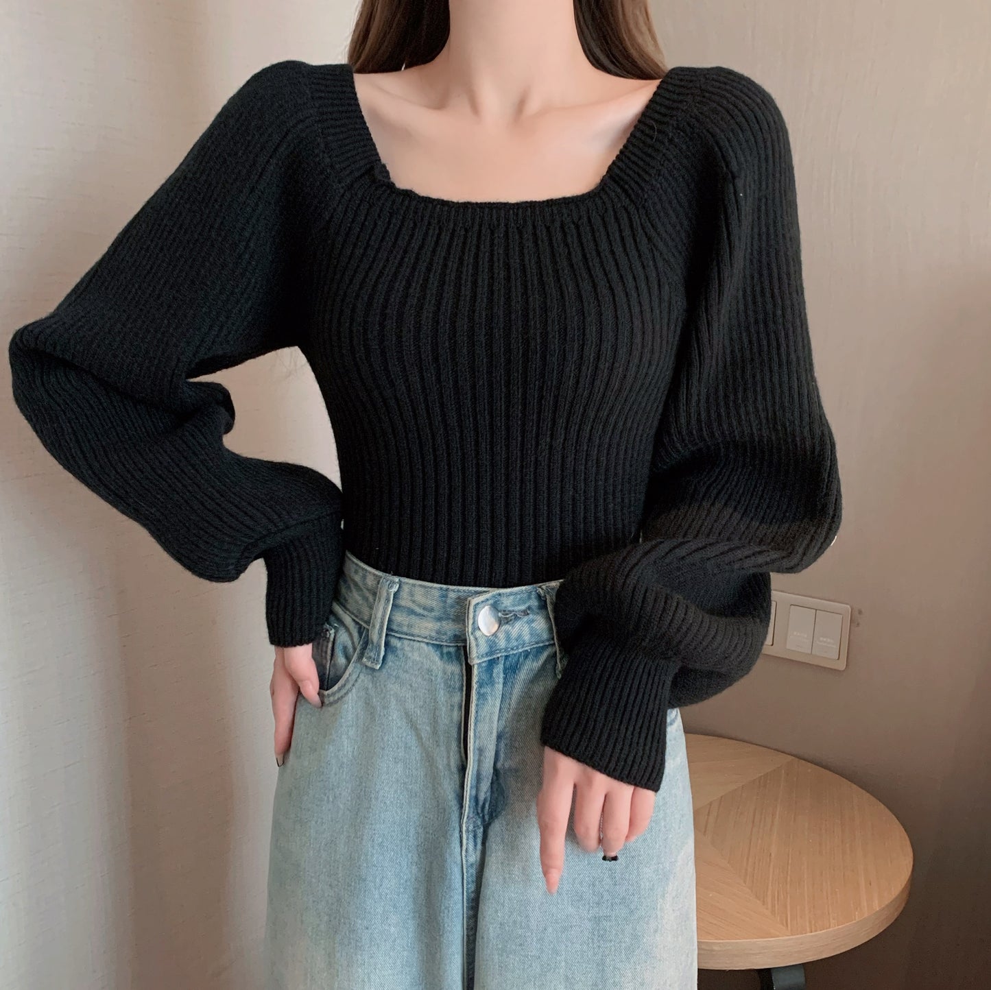 Square Collar Bubble Lantern Sleeve Knitted Women's Sweater