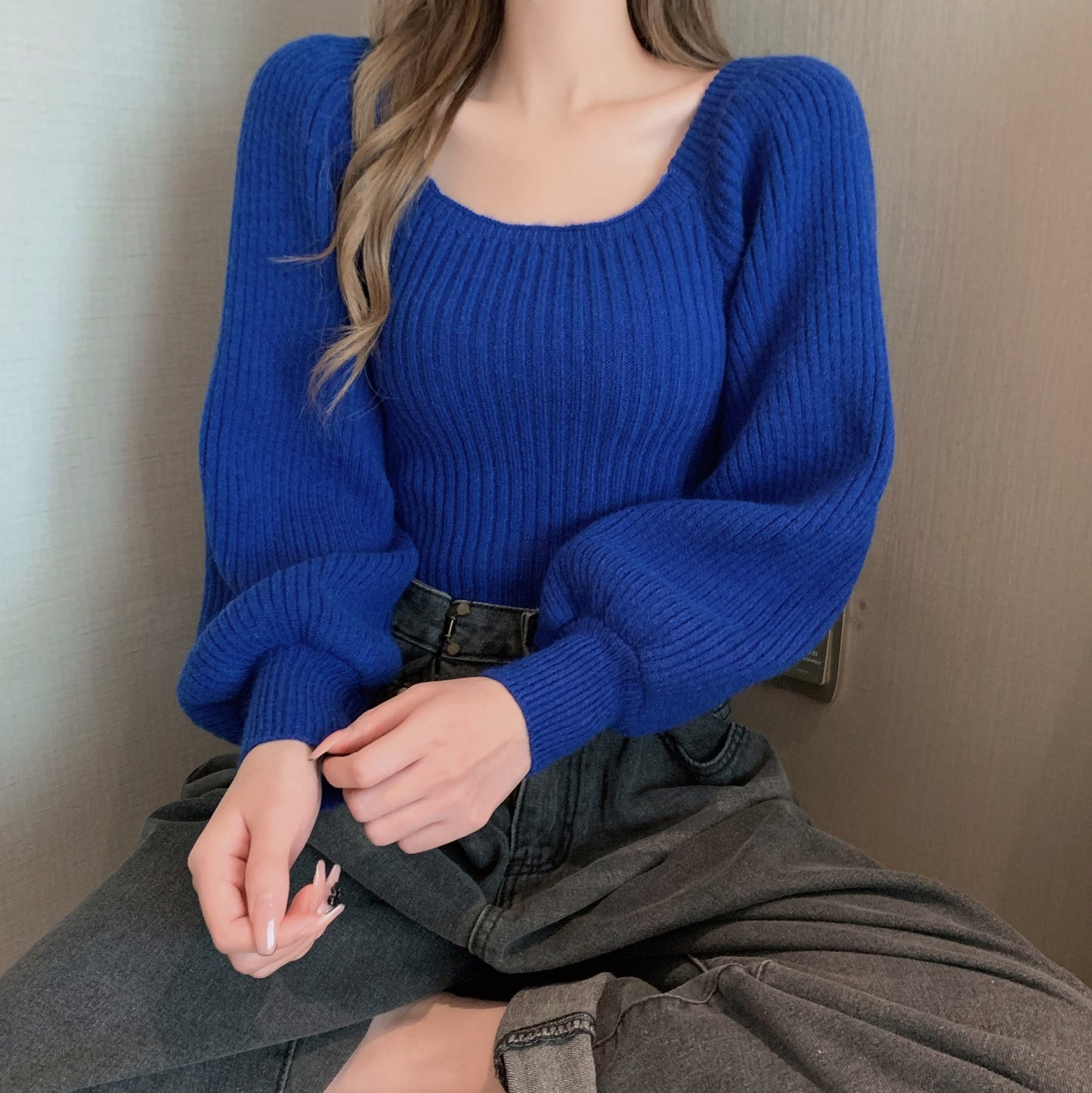 Square Collar Bubble Lantern Sleeve Knitted Women's Sweater