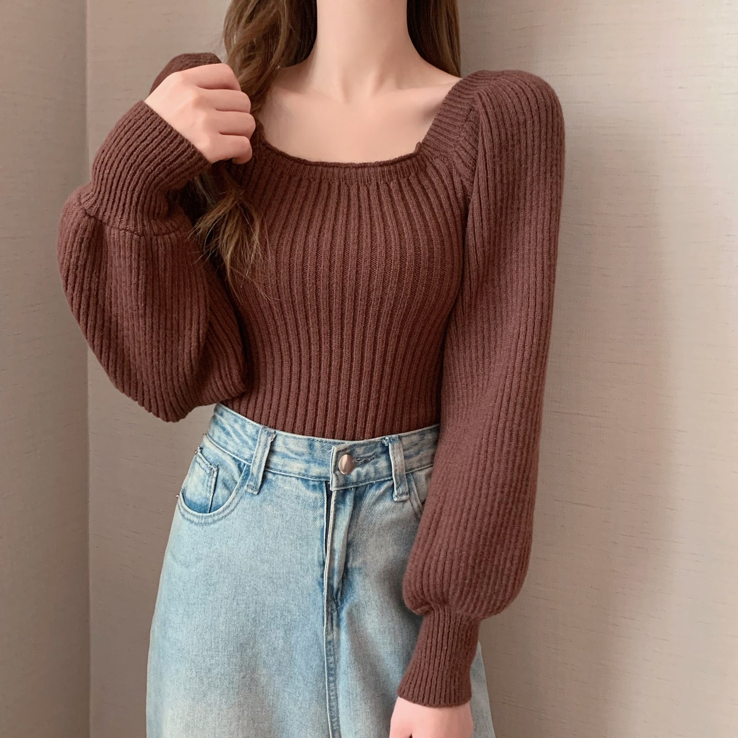 Square Collar Bubble Lantern Sleeve Knitted Women's Sweater