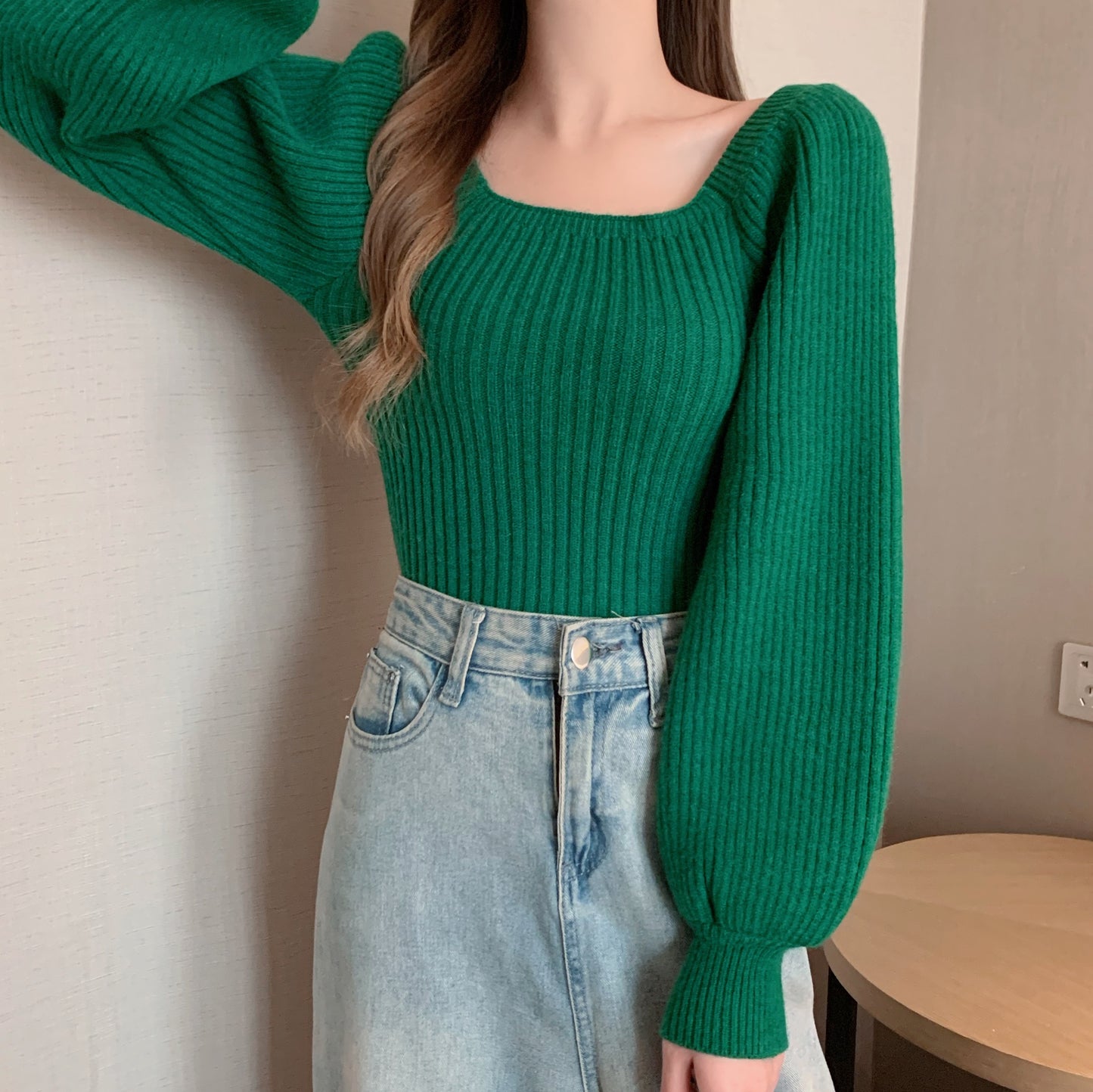 Square Collar Bubble Lantern Sleeve Knitted Women's Sweater