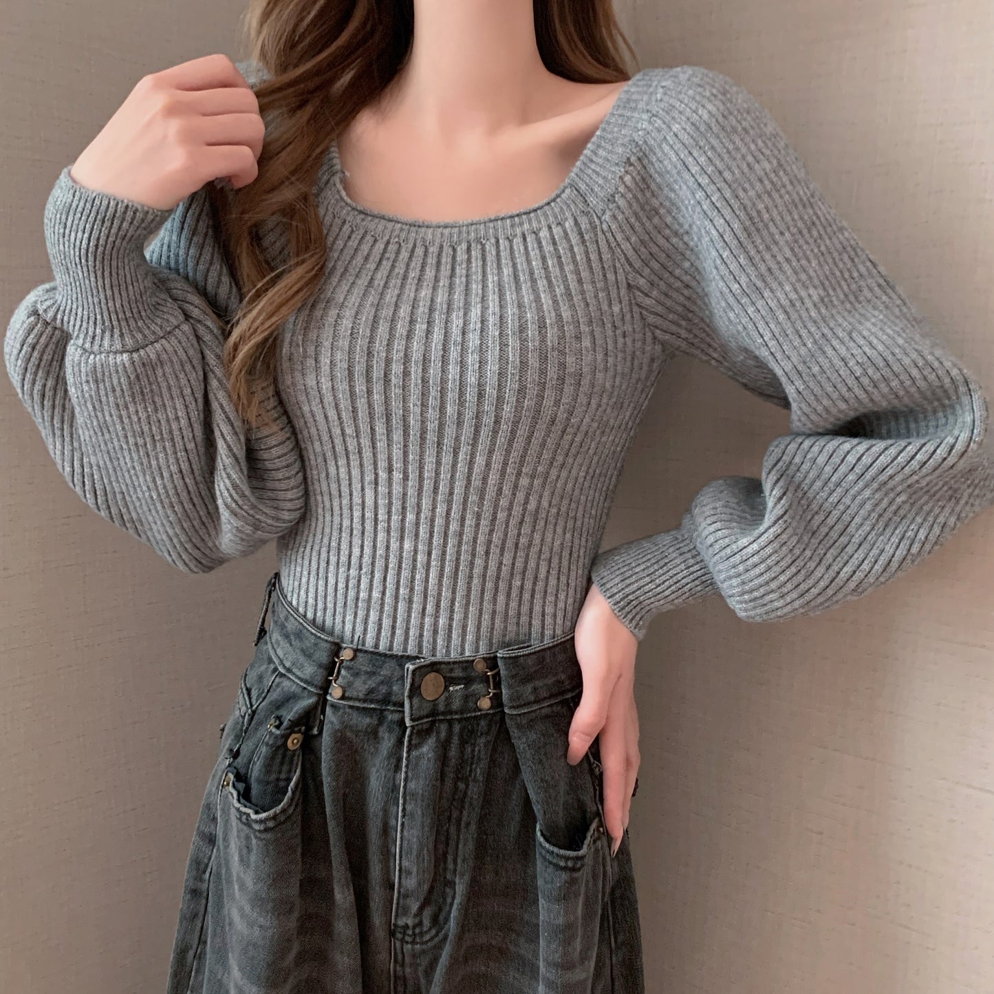 Square Collar Bubble Lantern Sleeve Knitted Women's Sweater