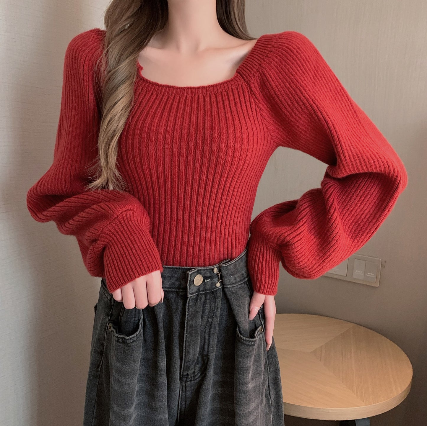 Square Collar Bubble Lantern Sleeve Knitted Women's Sweater