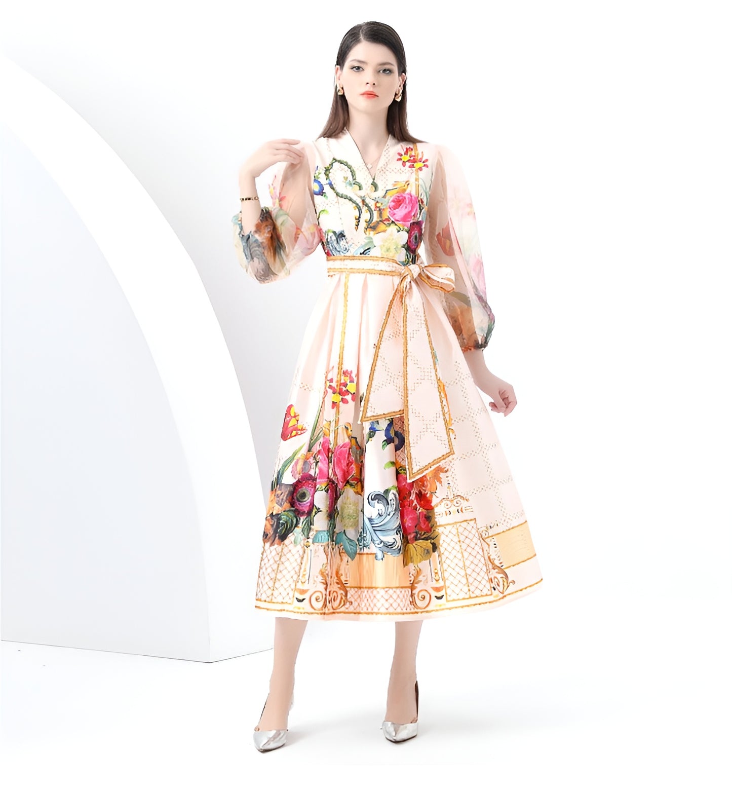 V-neck Floral Lantern Sleeve Mid Length Elegant Dress