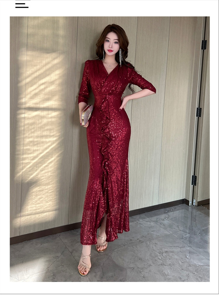 V-neck Sequin Evening Dress