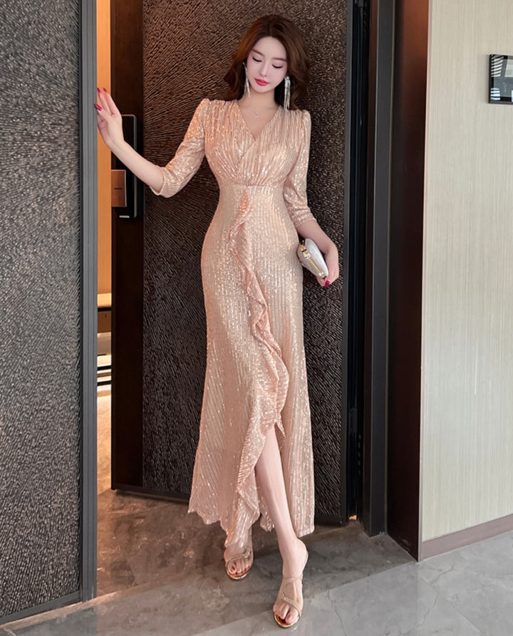 V-neck Sequin Evening Dress