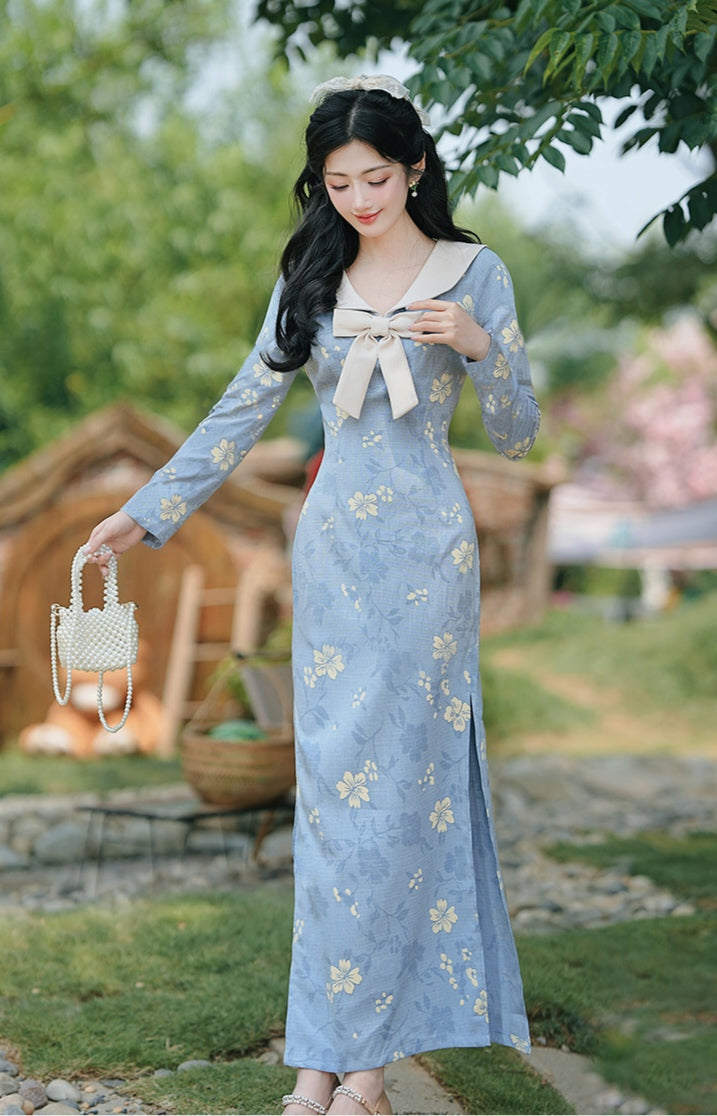 Vintage Style Floral Maxi Dress with Bow Collar