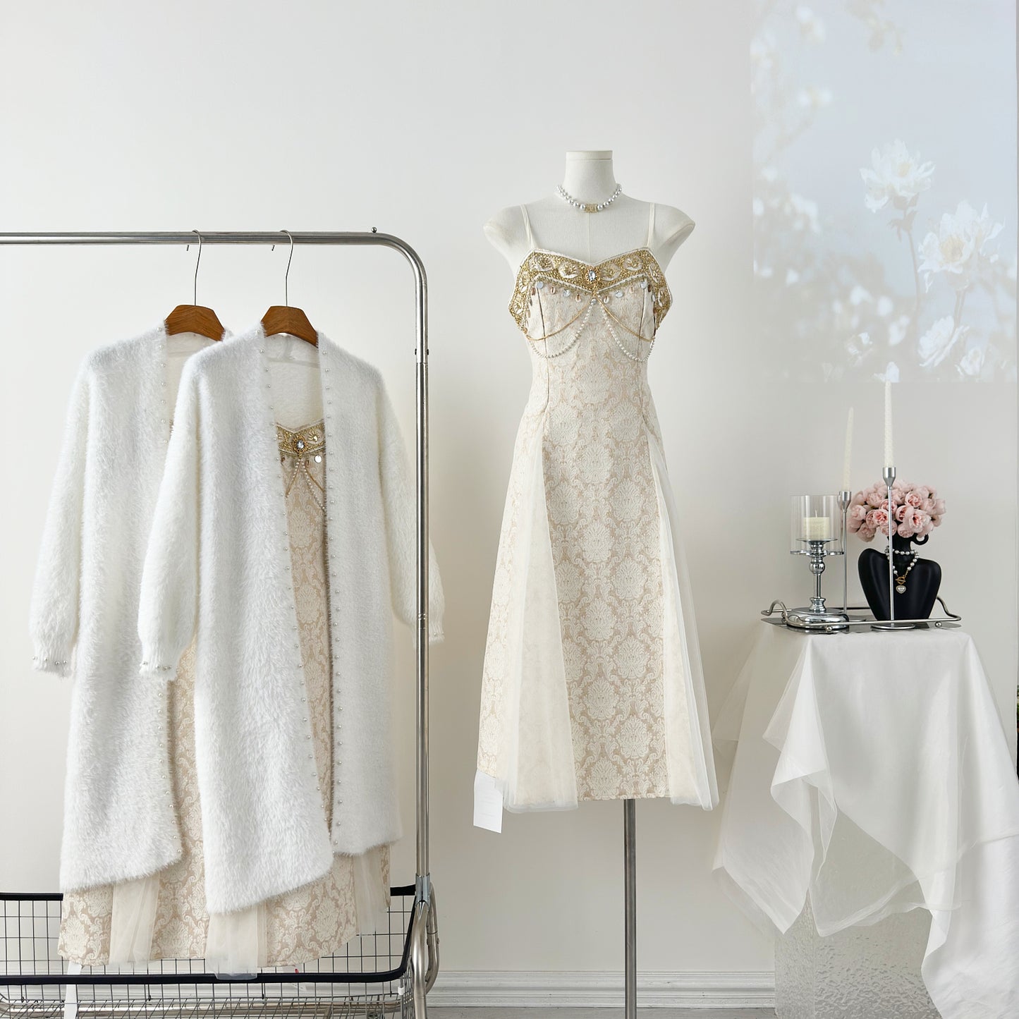 White Cardigan + Spaghetti Beaded Elegant Dress