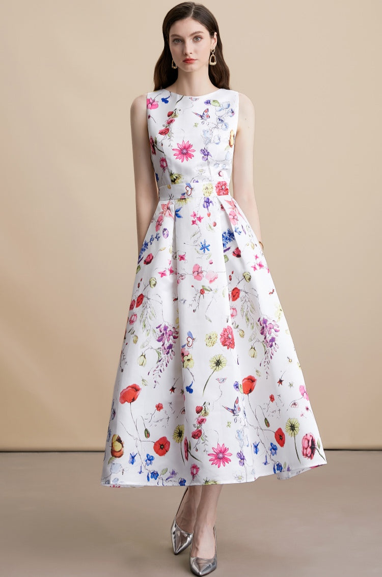 White Floral Sleeveless Pleated Midi Dress