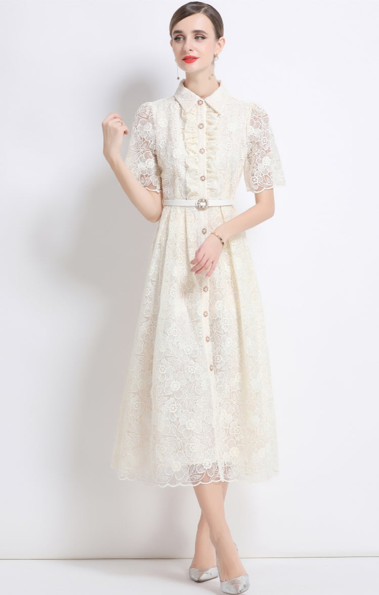 Women's Apricot Lace Shirt Dress with Belt - Elegant A-Line Midi Dress
