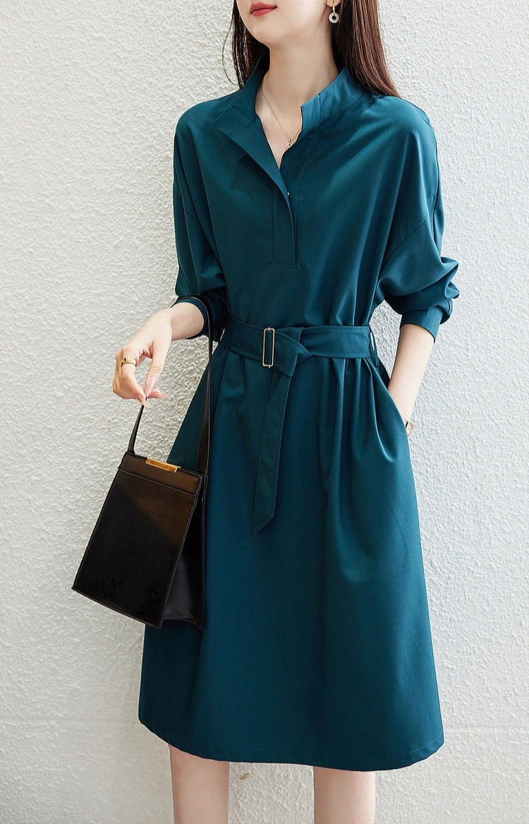 Women's Loose Fit A-Line Shirt Dress with Belt