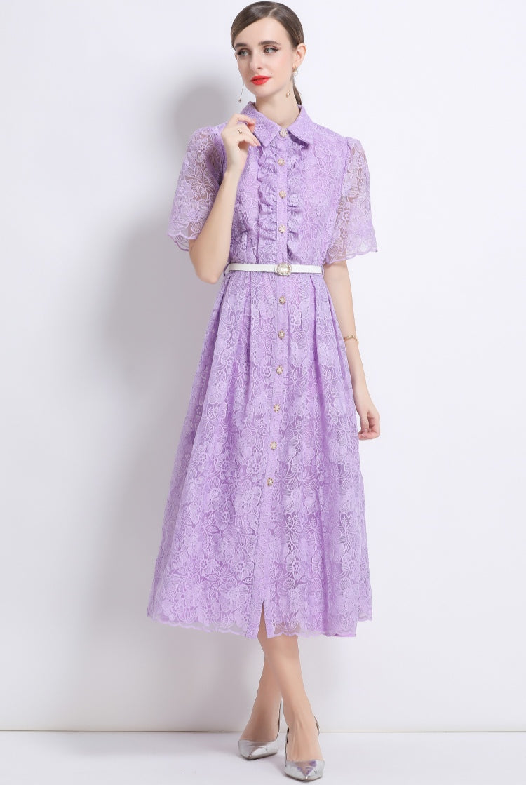 Women's Purple Lace Shirt Dress with Belt - Elegant A-Line Midi Dress