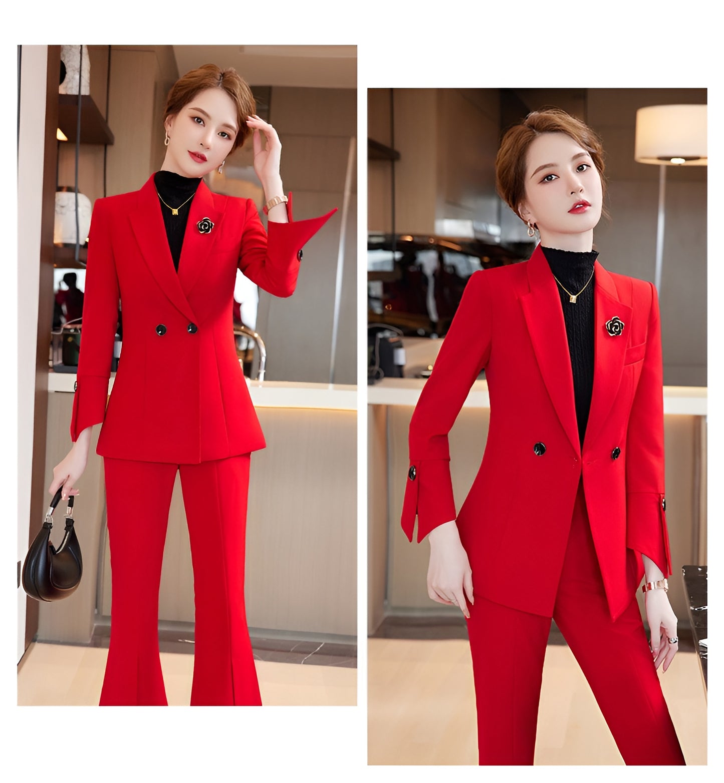 Women's Suit Jacket + Professional Slim Fit Casual Bell Bottom Pants