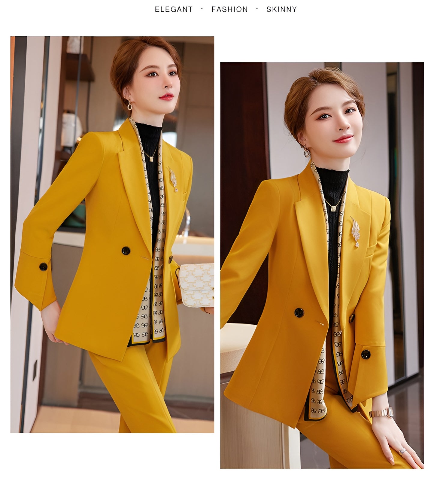 Women's Suit Jacket + Professional Slim Fit Casual Bell Bottom Pants
